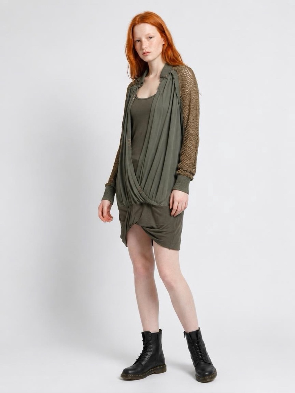 Elisa Cavaletti Olive Green Draped Mini Dress with Mesh Sleeves